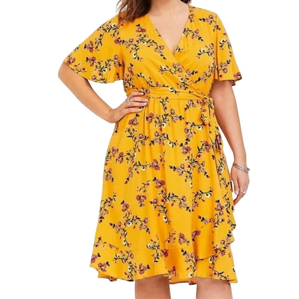 Torrid Yellow Floral Challis Skater Knee Length Dress Boho-Chic Cottagecore